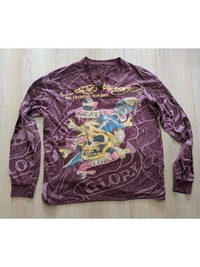 Vintage Ed Hardy Christian Audiger Men's Long Sleeve Shirt Sweater XL Purple Y2k